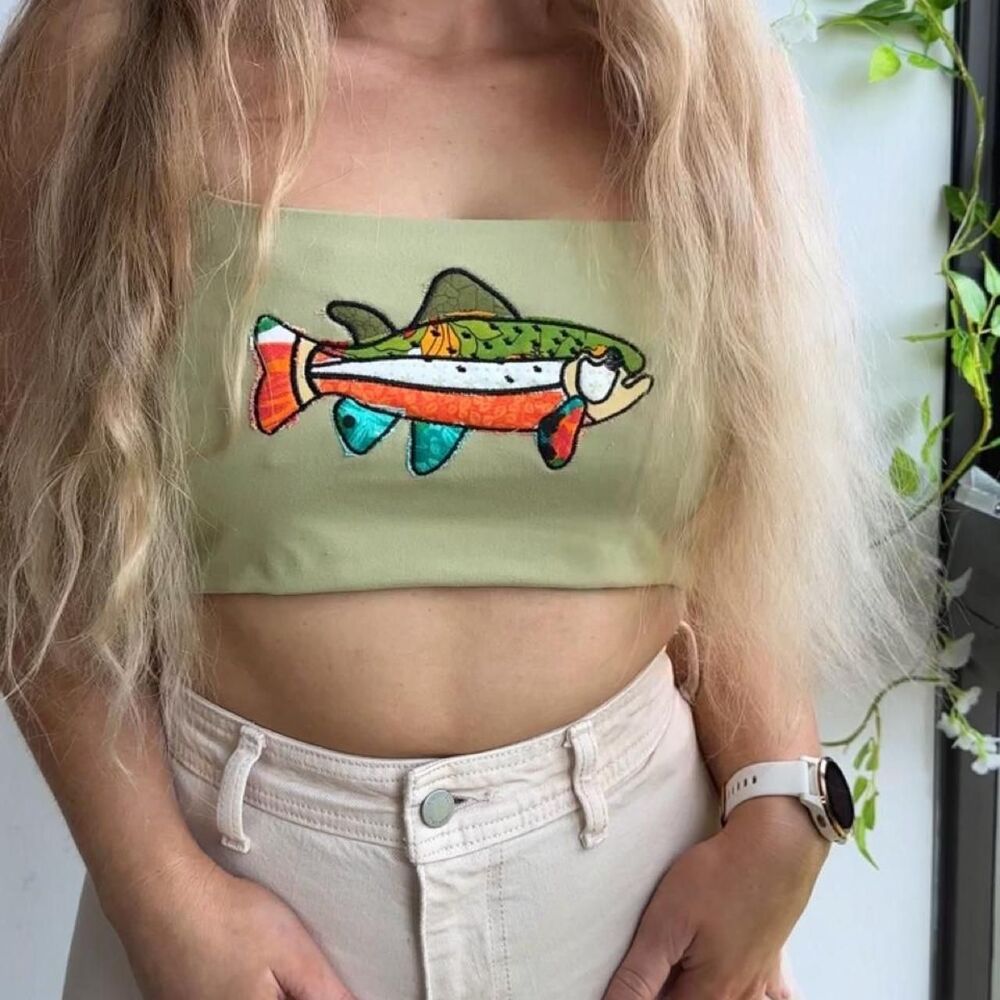 NWT handmade matcha green fish patchwork embroidered cropped tank